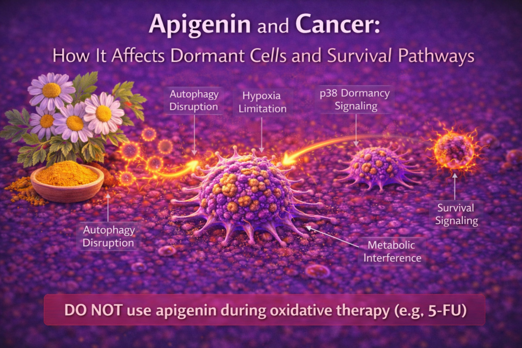 apigenin affecting cancer cell dormancy and survival pathways diagram