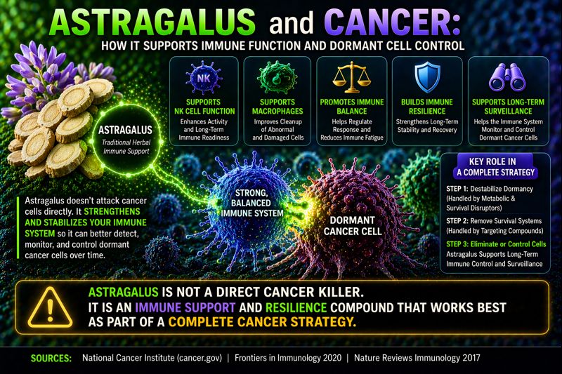 astragalus supporting immune system and dormant cancer cell control diagram