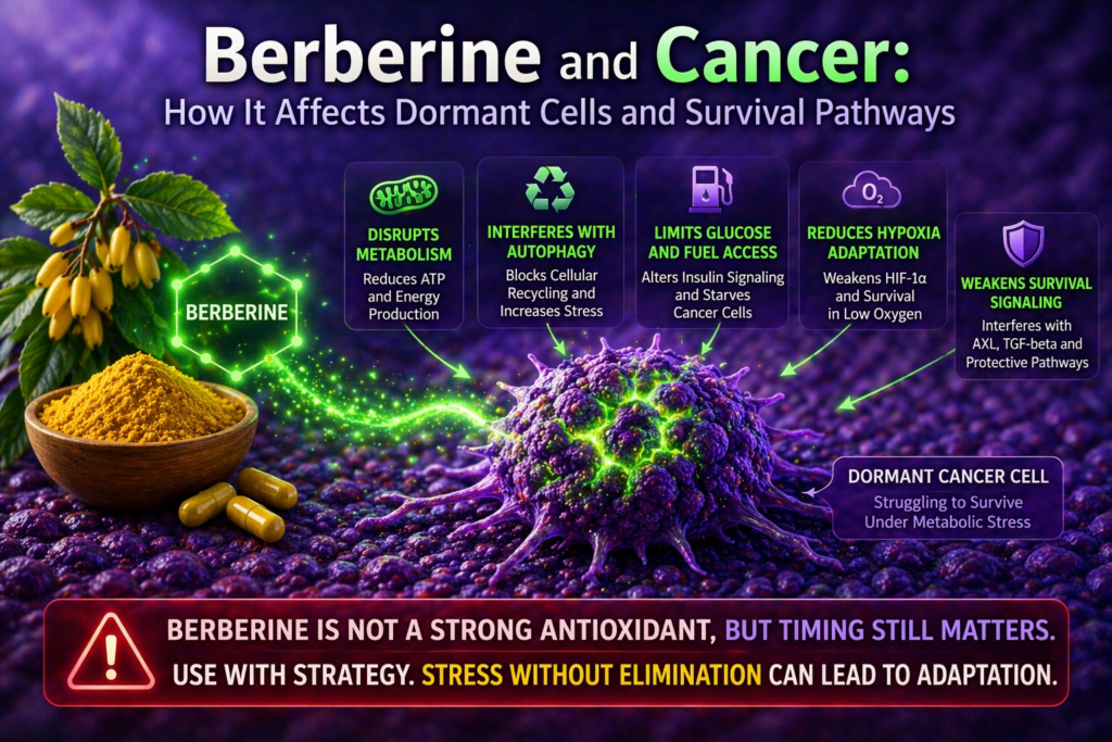 berberine disrupting cancer cell metabolism and dormant cell survival pathways diagram