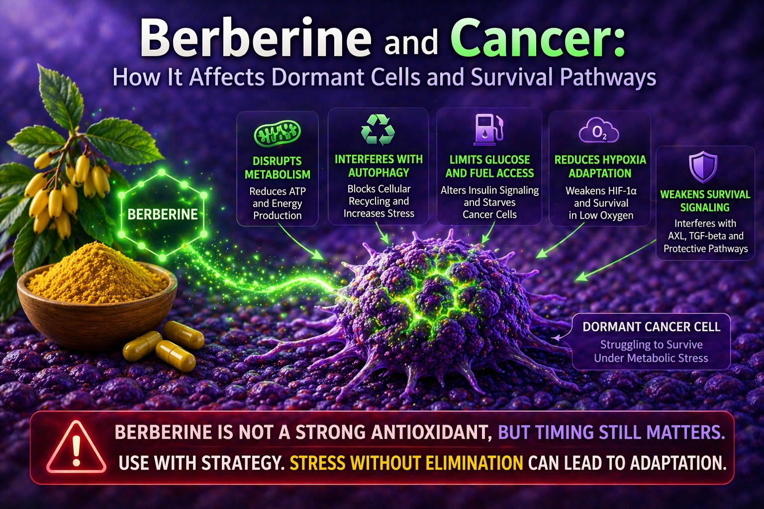 berberine disrupting cancer cell metabolism and dormant cell survival pathways diagram