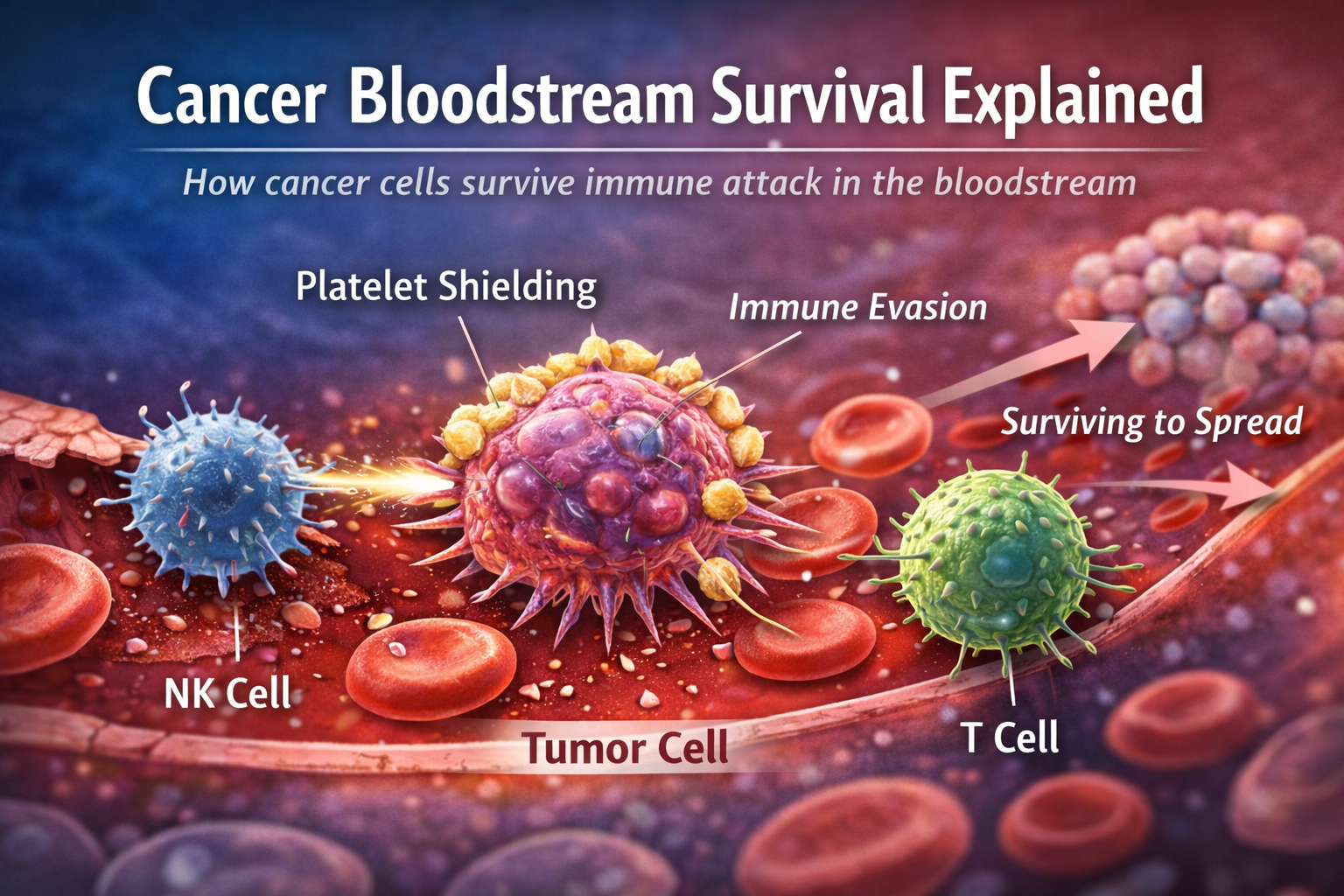 cancer cell in bloodstream protected by platelets and avoiding immune cells