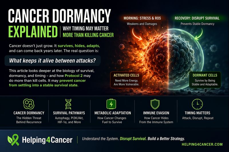 Cancer dormancy explained showing how timing, ROS stress, and recovery phases may disrupt cancer survival and prevent stable dormancy
