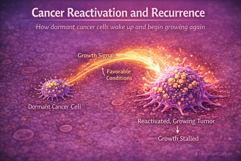 dormant cancer cell reactivating and growing diagram