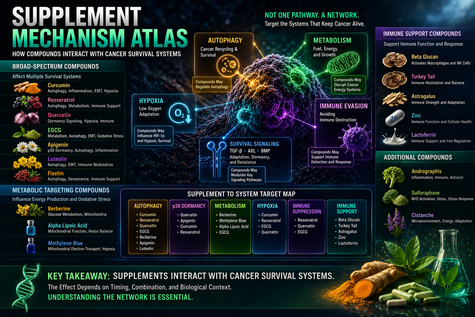 supplement mechanism atlas showing compounds targeting cancer survival pathways including autophagy metabolism hypoxia and immune evasion