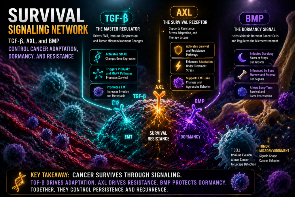 cancer survival signaling network showing TGF beta AXL and BMP pathways controlling tumor dormancy resistance and adaptation