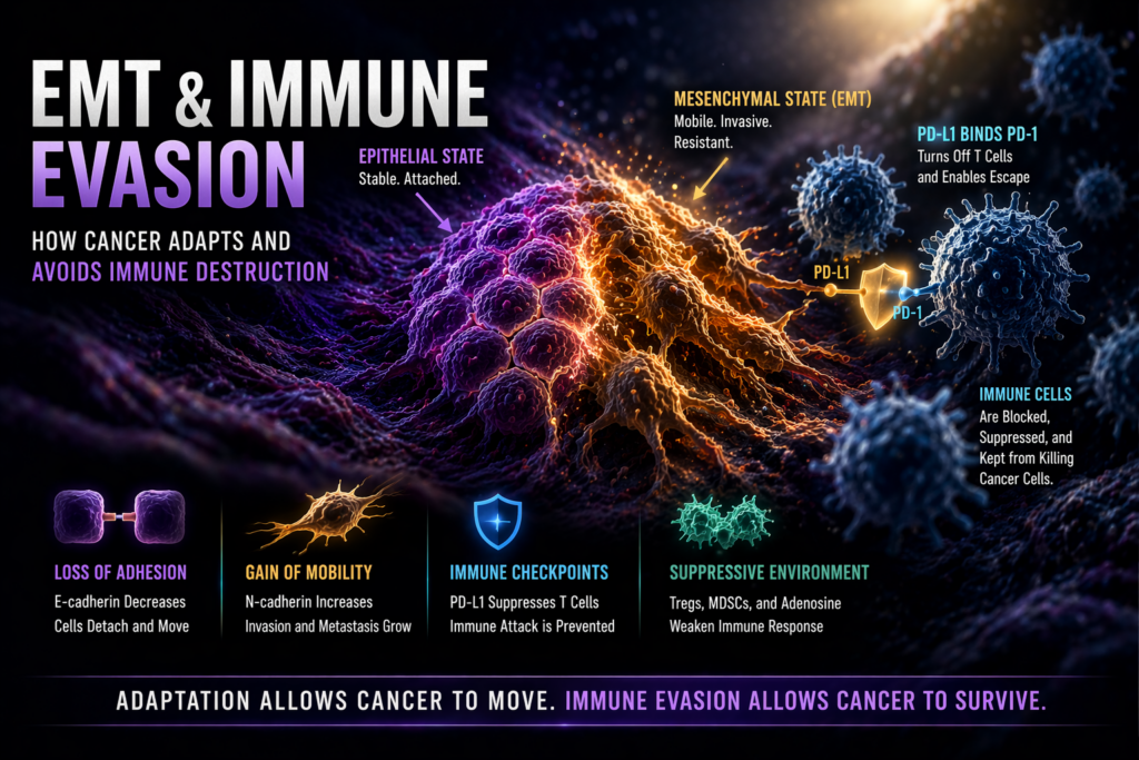 cancer cells undergoing EMT while evading immune cells in tumor microenvironment