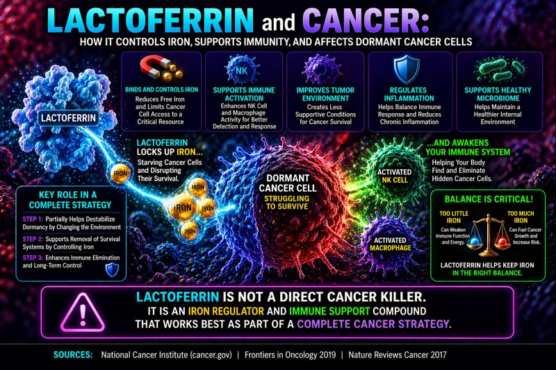 lactoferrin regulating iron and immune response in dormant cancer cells diagram