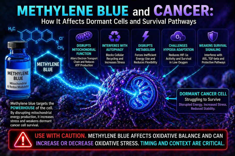 methylene blue affecting cancer mitochondria and dormant cell survival pathways diagram