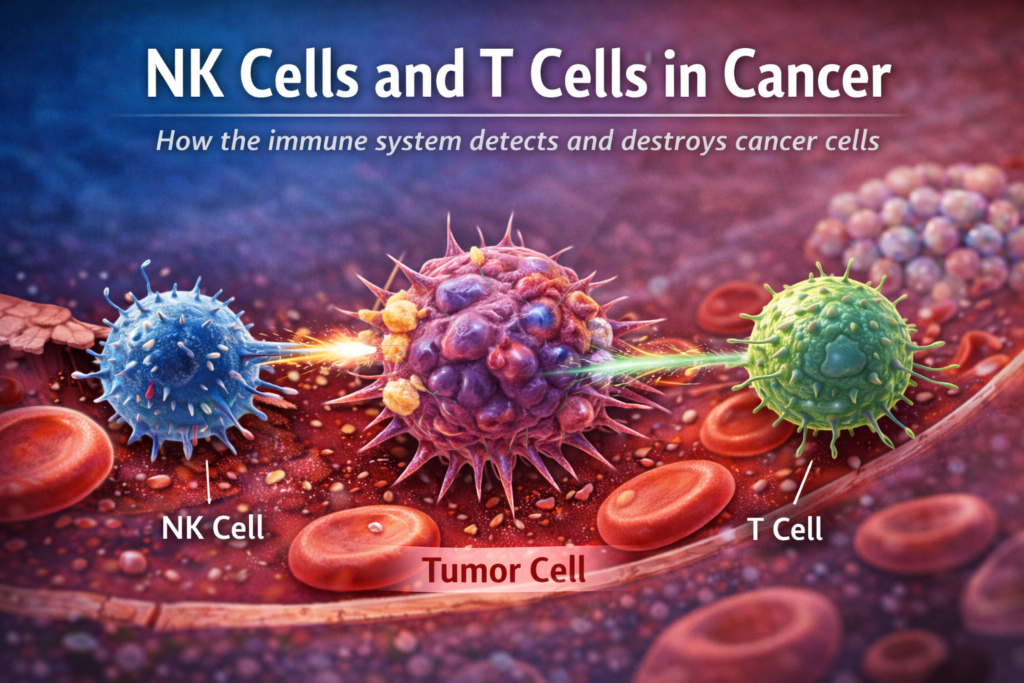 nk cell and t cell attacking cancer cell diagram