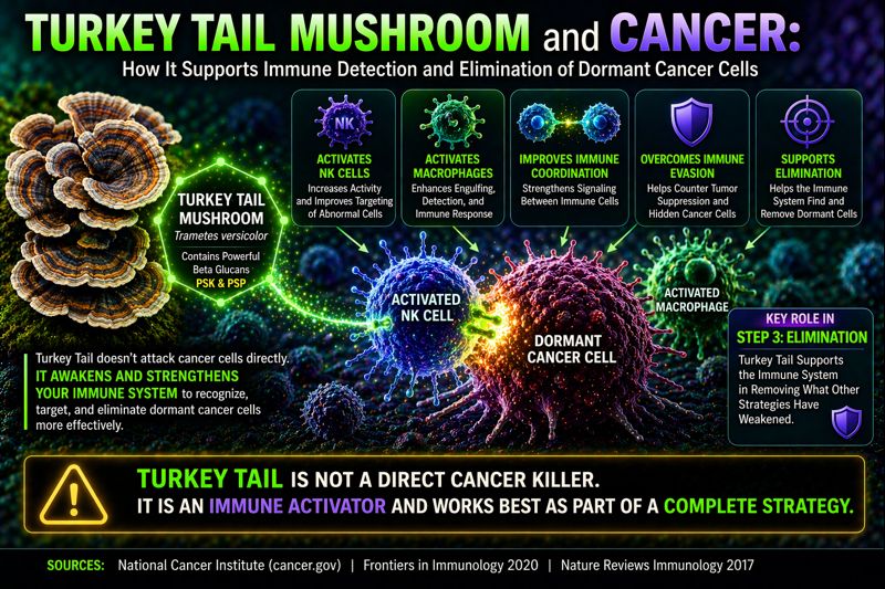 turkey tail mushroom activating immune cells against dormant cancer cells diagram