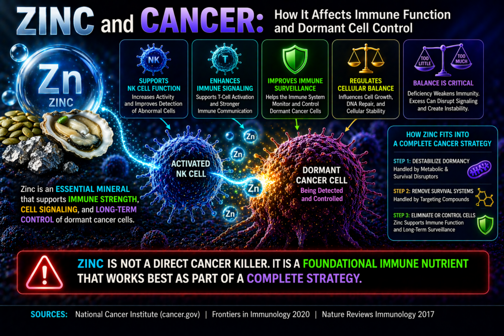 zinc supporting immune function and dormant cancer cell control diagram