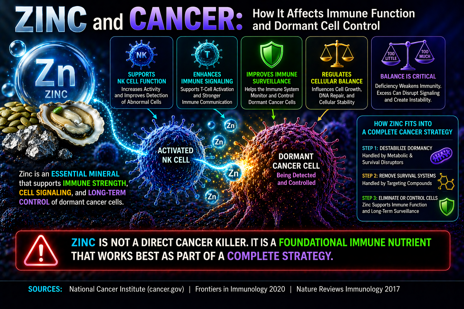 zinc supporting immune function and dormant cancer cell control diagram
