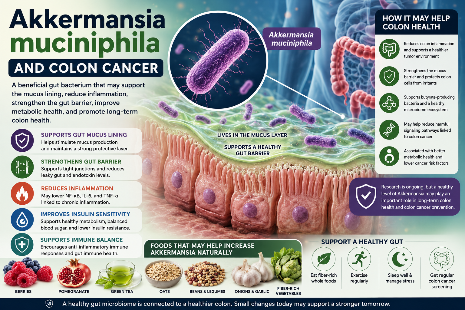 Medical infographic showing Akkermansia muciniphila supporting gut barrier integrity, mucus lining protection, inflammation control, immune balance, and colon health.