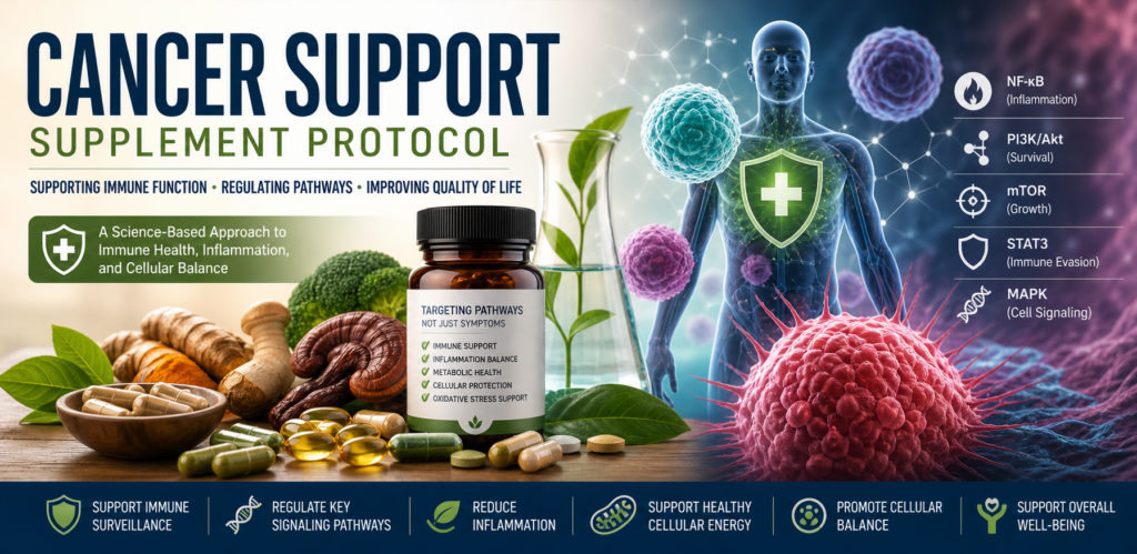 Cancer support supplement protocol showing immune system support, metabolic pathways, and inflammation regulation with key signaling pathways like PI3K, mTOR, and NF-kB