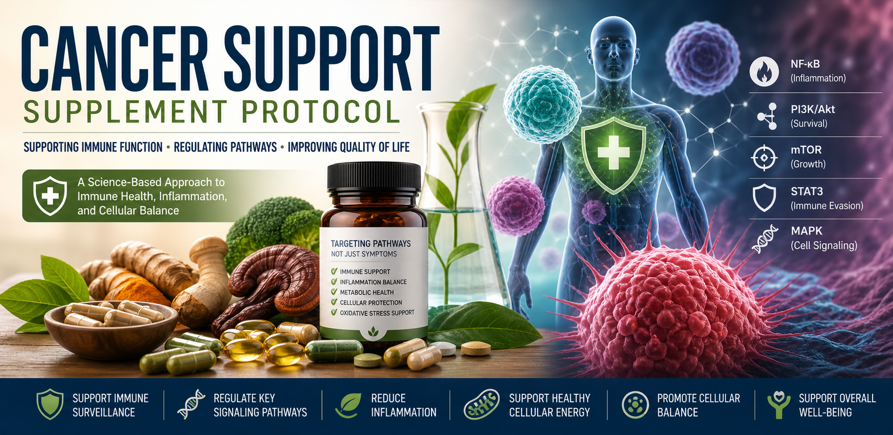 Cancer support supplement protocol showing immune system support, metabolic pathways, and inflammation regulation with key signaling pathways like PI3K, mTOR, and NF-kB