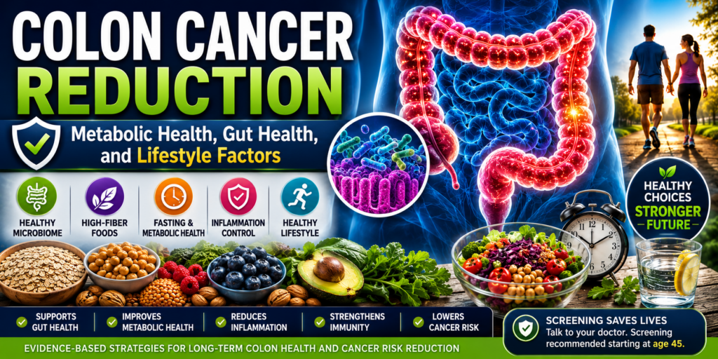 Colon cancer reduction infographic showing gut microbiome health, fiber foods, fasting, metabolic health, and lifestyle factors linked to colon cancer prevention.