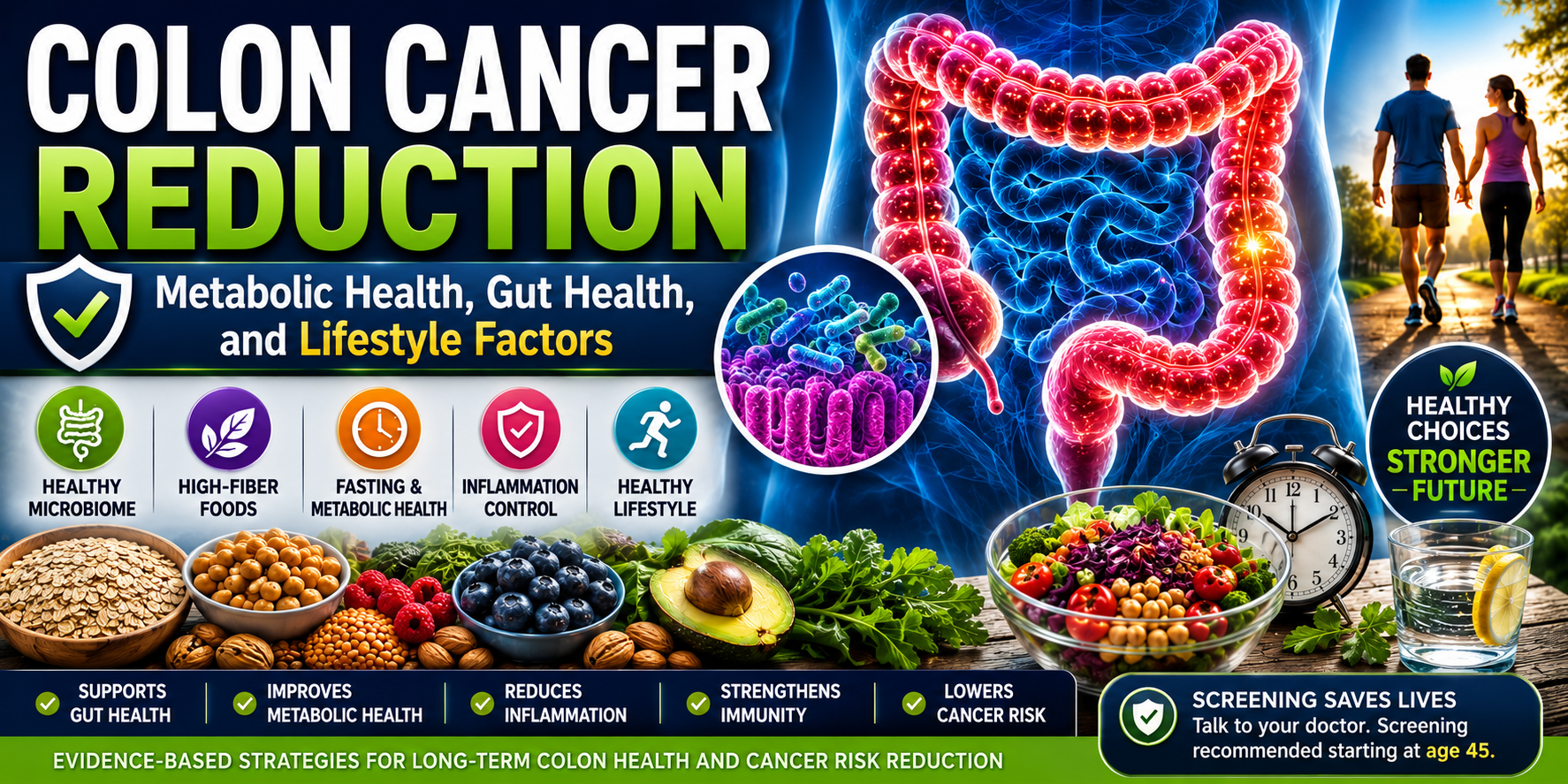 Colon cancer reduction infographic showing gut microbiome health, fiber foods, fasting, metabolic health, and lifestyle factors linked to colon cancer prevention.