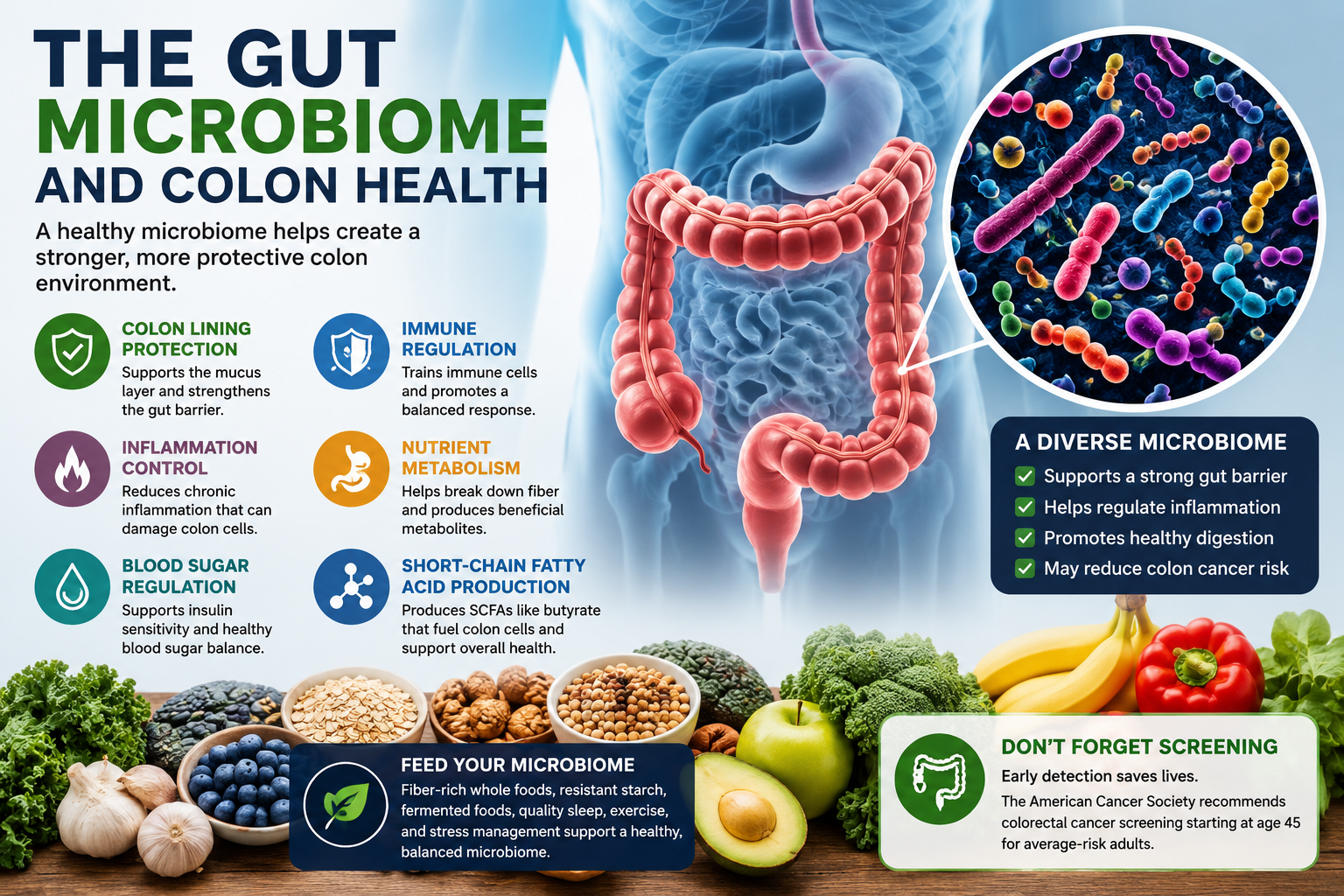 Medical infographic showing the gut microbiome and colon health, including gut barrier protection, inflammation control, short-chain fatty acids, immune regulation, and fiber-rich foods that support colon health.