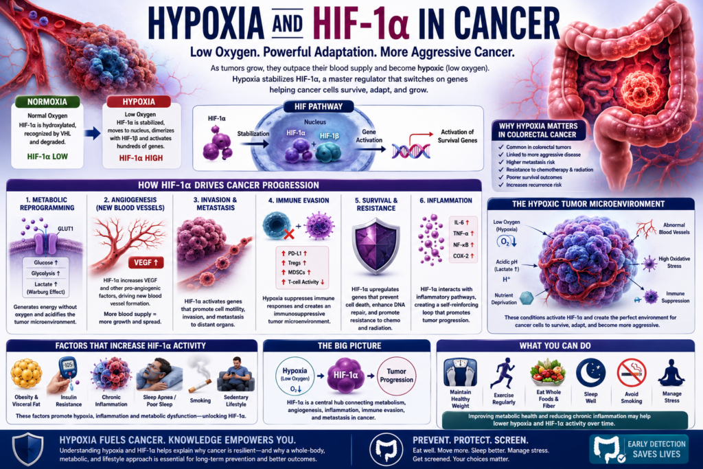 Medical infographic explaining how hypoxia and HIF-1α help colon cancer survive through angiogenesis, immune evasion, inflammation, metabolic adaptation, and tumor progression.