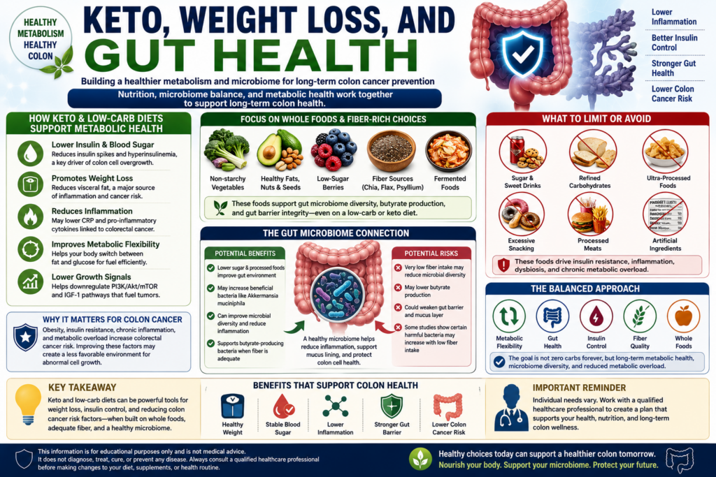 Medical infographic explaining how ketogenic and low-carbohydrate diets may support colon health through improved insulin sensitivity, weight loss, reduced inflammation, metabolic flexibility, and microbiome balance.