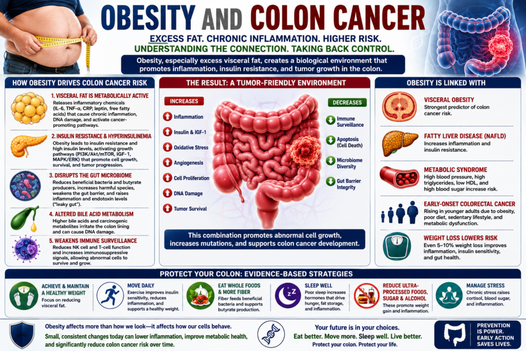 Medical infographic showing how obesity, visceral fat, insulin resistance, chronic inflammation, and metabolic dysfunction may increase colon cancer risk.