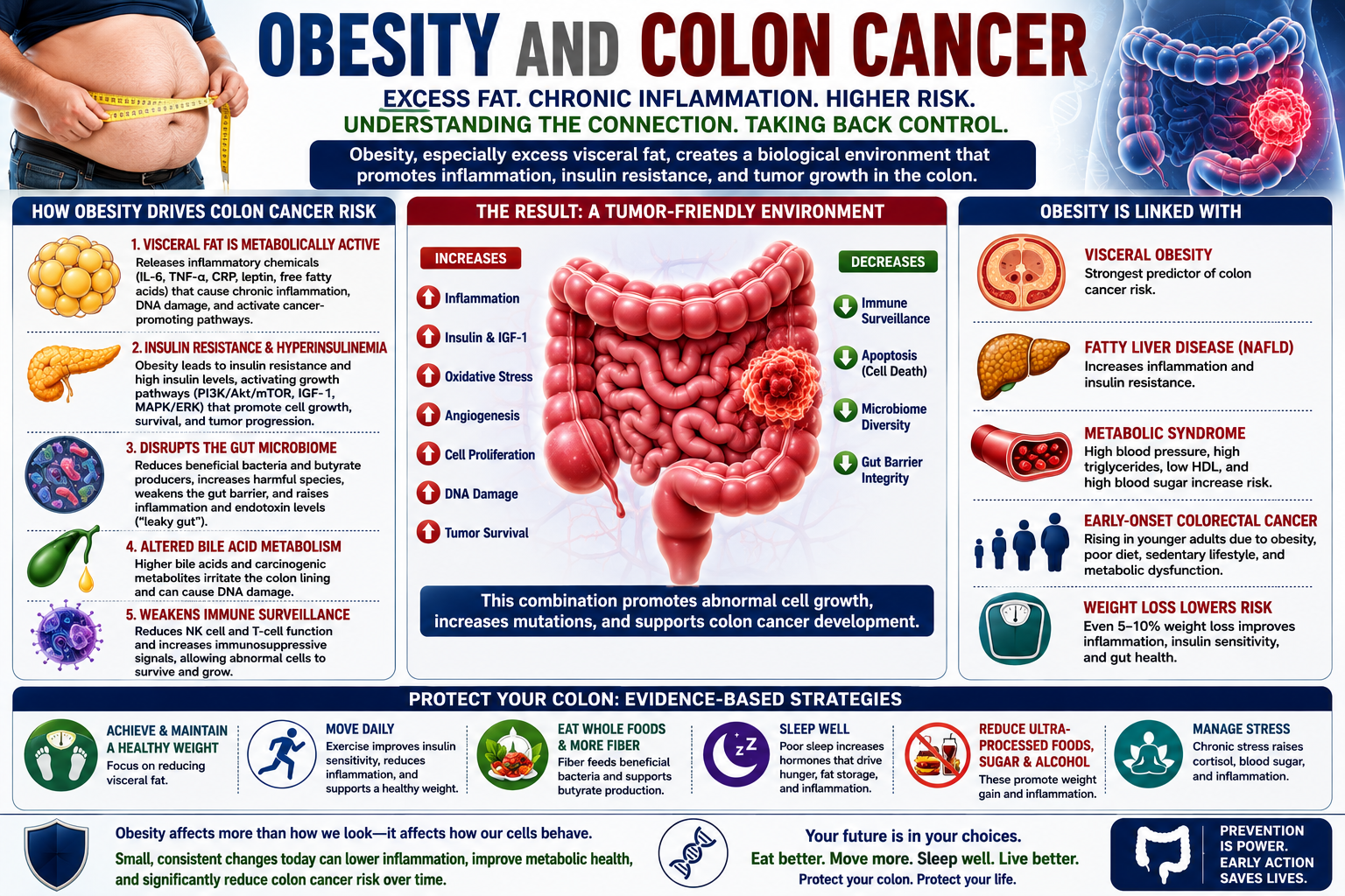 Medical infographic showing how obesity, visceral fat, insulin resistance, chronic inflammation, and metabolic dysfunction may increase colon cancer risk.