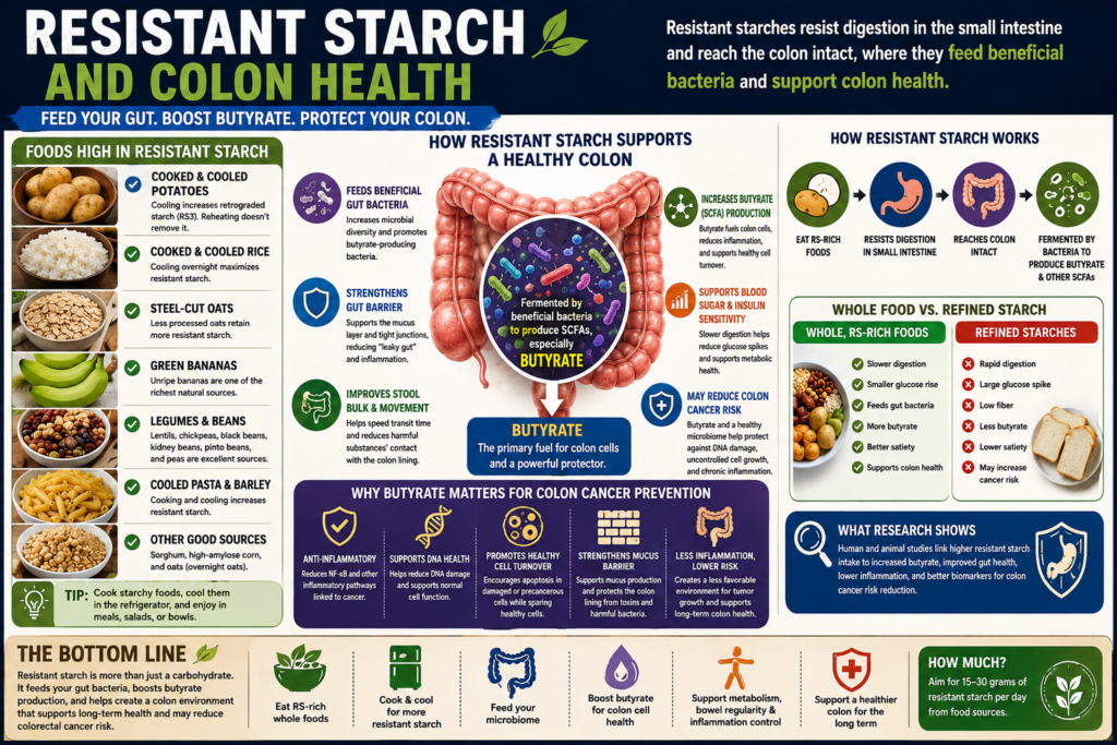 Medical infographic showing how resistant starch supports colon health through butyrate production, beneficial gut bacteria, blood sugar regulation, gut barrier integrity, and reduced inflammation.