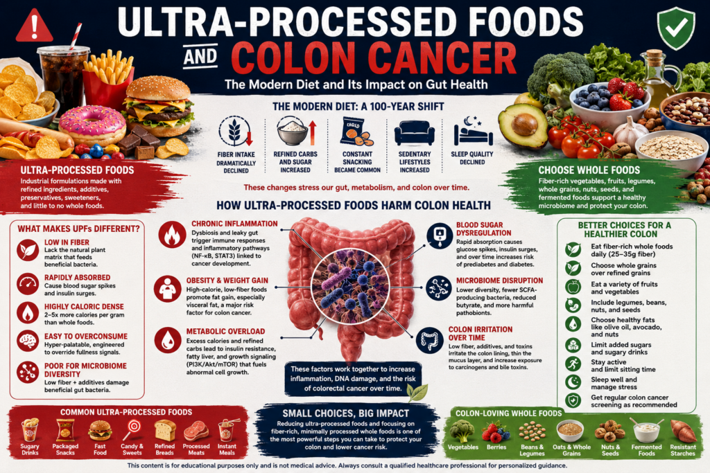 Medical infographic showing ultra-processed foods causing gut microbiome disruption, inflammation, insulin resistance, low fiber intake, and colon irritation linked to increased colon cancer risk.