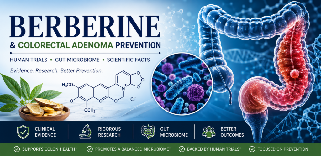 Medical illustration of berberine, the human colon, gut microbiome, and scientific evidence from clinical trials on colorectal adenoma prevention.